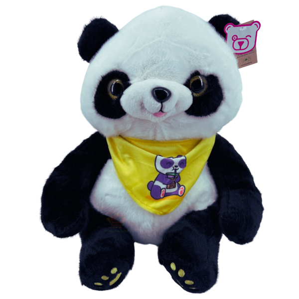 Panda Plüschtier ca. 39 cm sitzend mit grünem Halstuch und Skateboard-Motiv – großes Schwarz-Weiß-Kuscheltier mit grünen Pfotenballen, ideal als Geschenk oder Deko.
